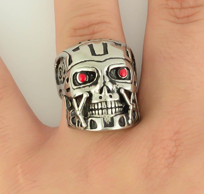 SK1740 Gents Terminator Robot Red Eyes Ring Stainless Steel Motorcycle Jewelry Size 9-14
