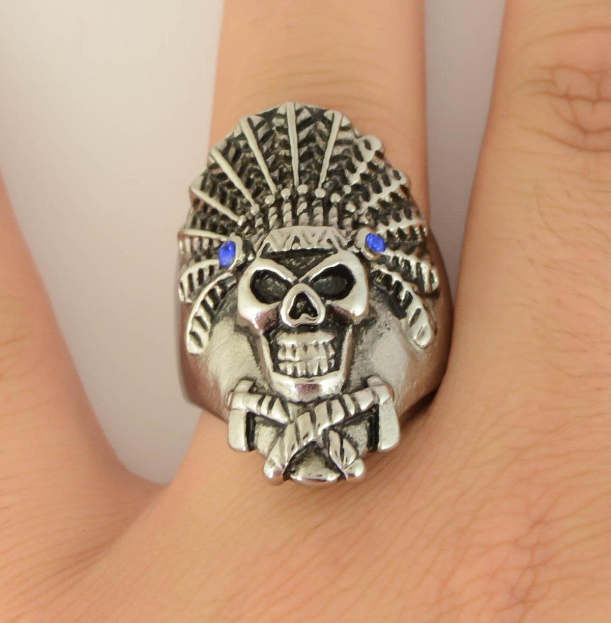 SK1071 Indian Headdress Blue Stones In Eyes Stainless Steel Motorcycle Jewelry Size 9-15