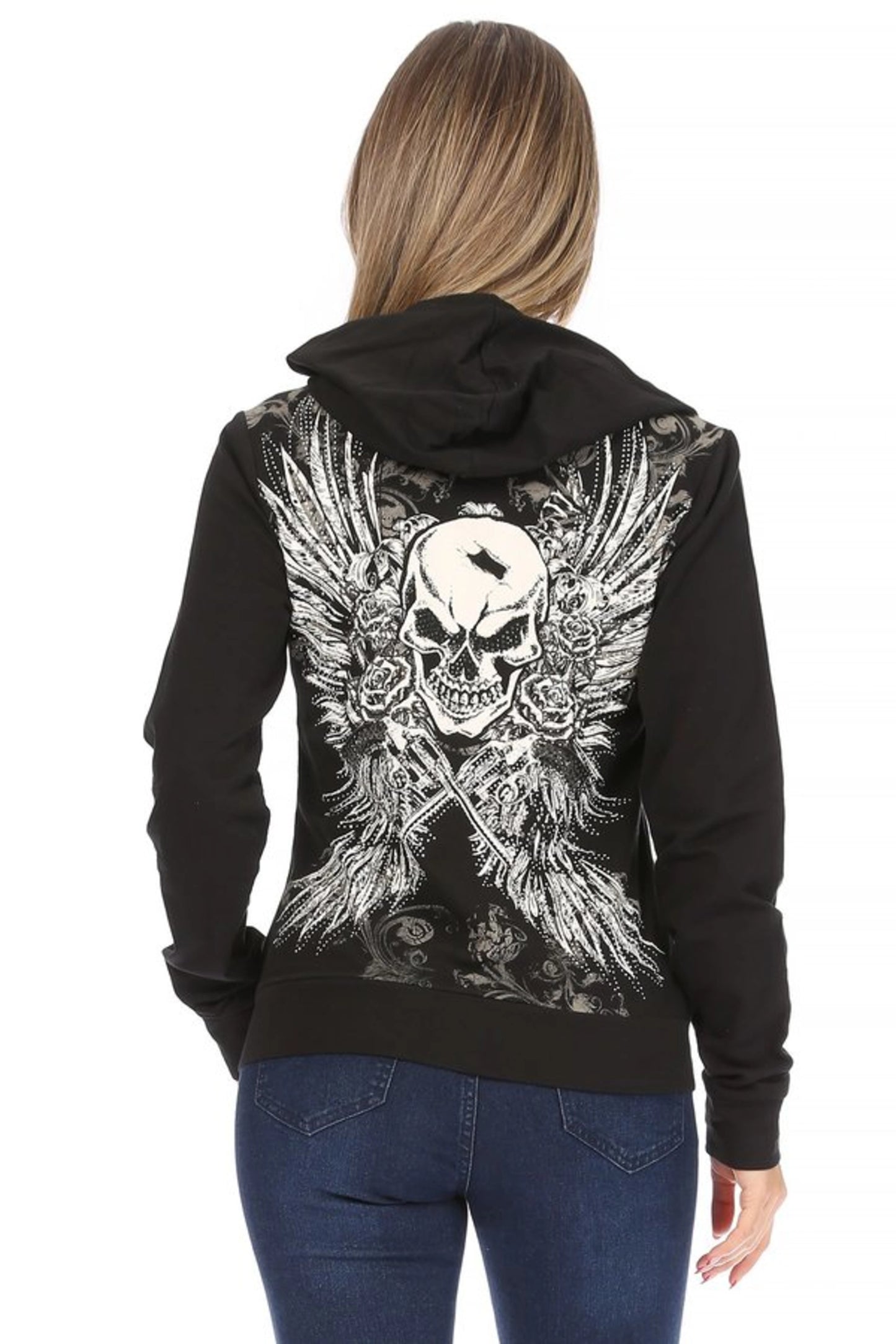 Women's Platinum Plush Midnight Reign Skull & Wings Zip Hoodie
