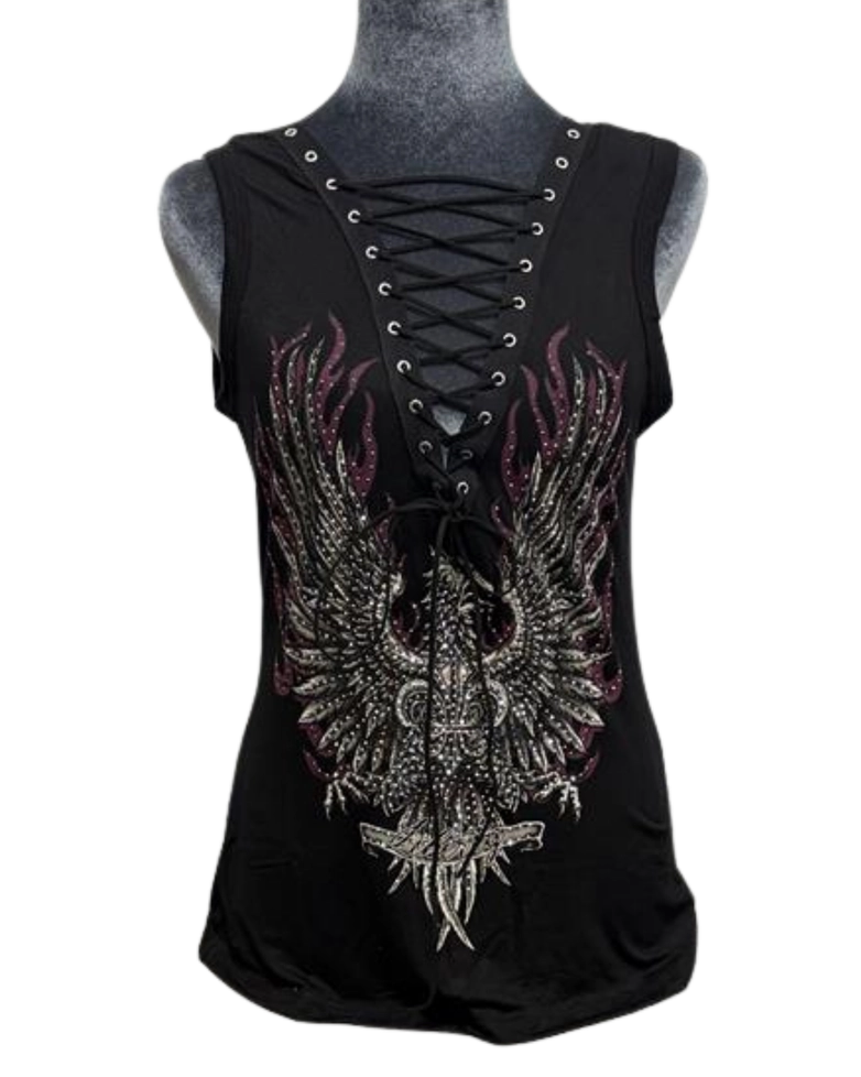 Liberty Wear Freedom Eagle Rhinestone Lace-Up Tank Top | 2017