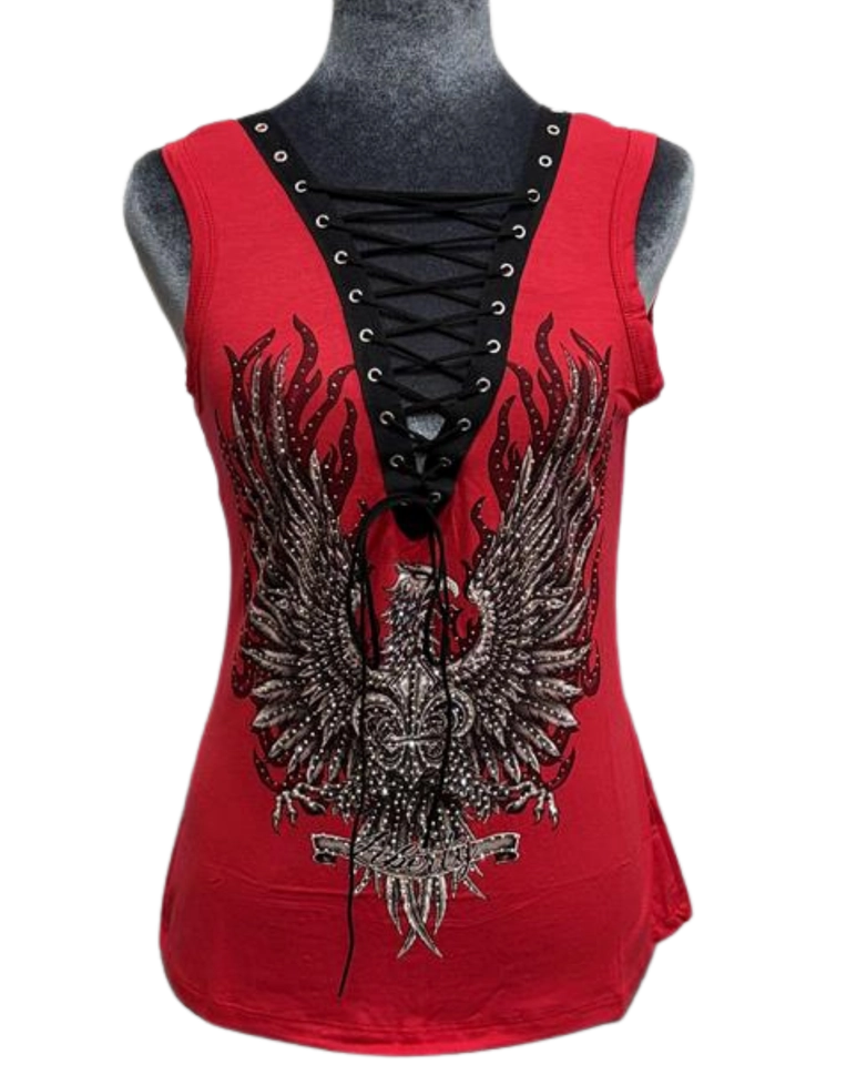 Liberty Wear Freedom Eagle Rhinestone Lace-Up Tank Top | 2017