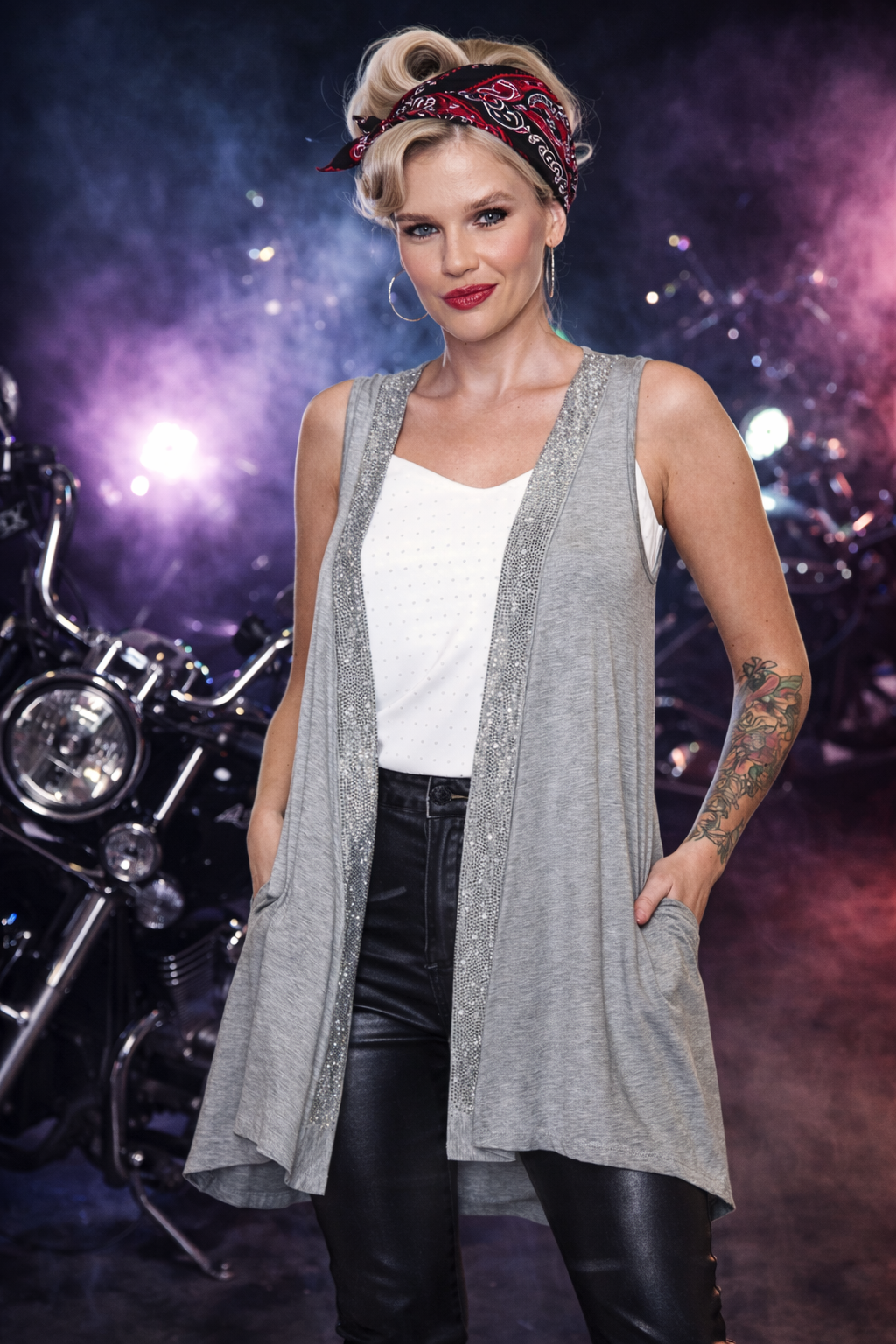 Vocal Glam Edge Embellished Open-Front Vest