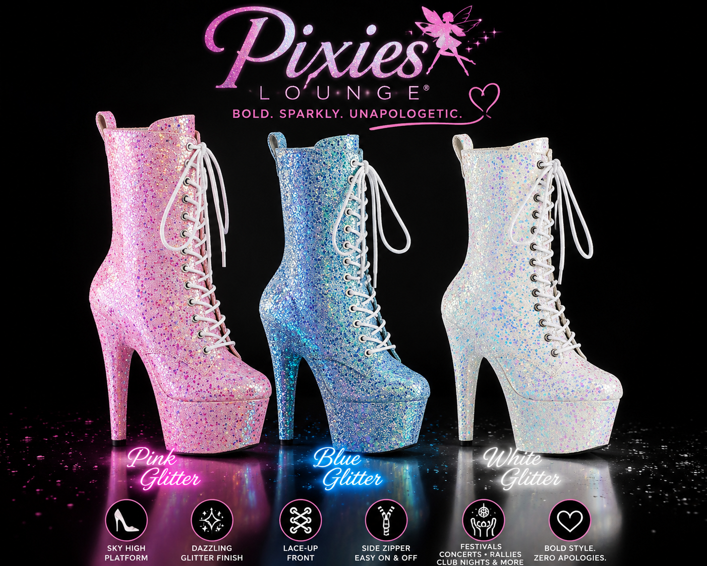 Pleaser Adore-1020 Glitter Platform Boots | Pink, Blue & White Sparkle
