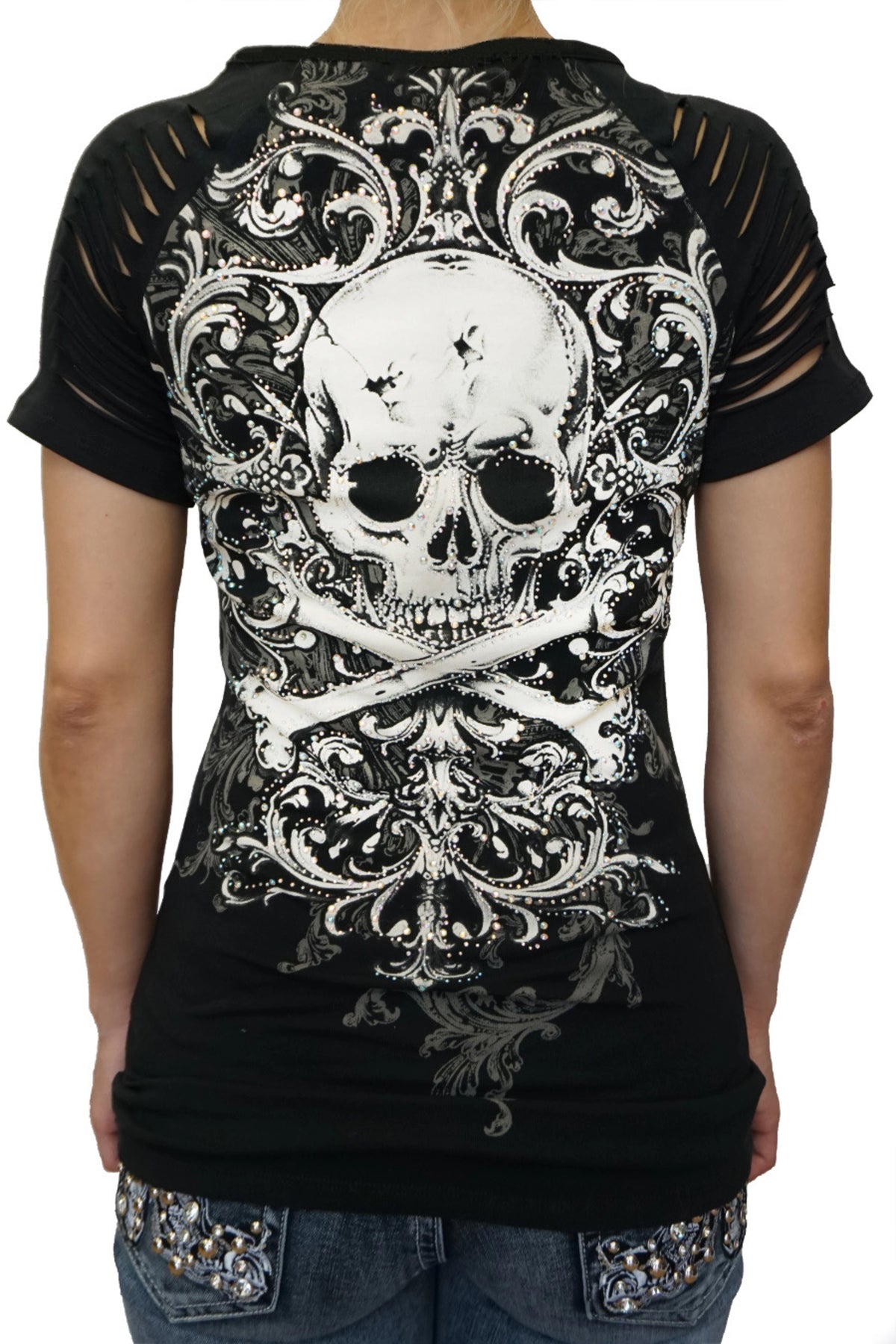 Women's Platinum Plush Rhinestone Skull & Crossbones Slashed Sleeve Biker Top