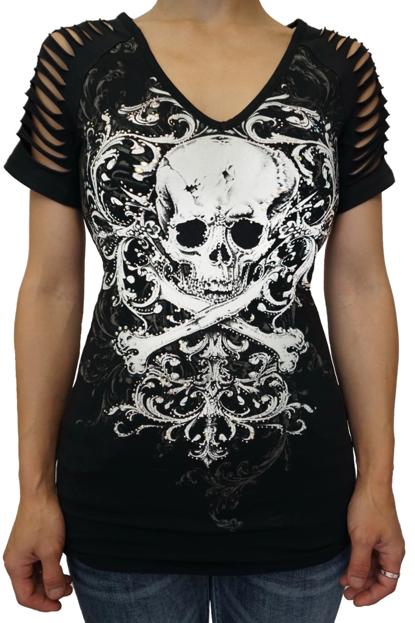 Platinum Plush Rhinestone Skull & Crossbones Slashed Sleeve Biker Top