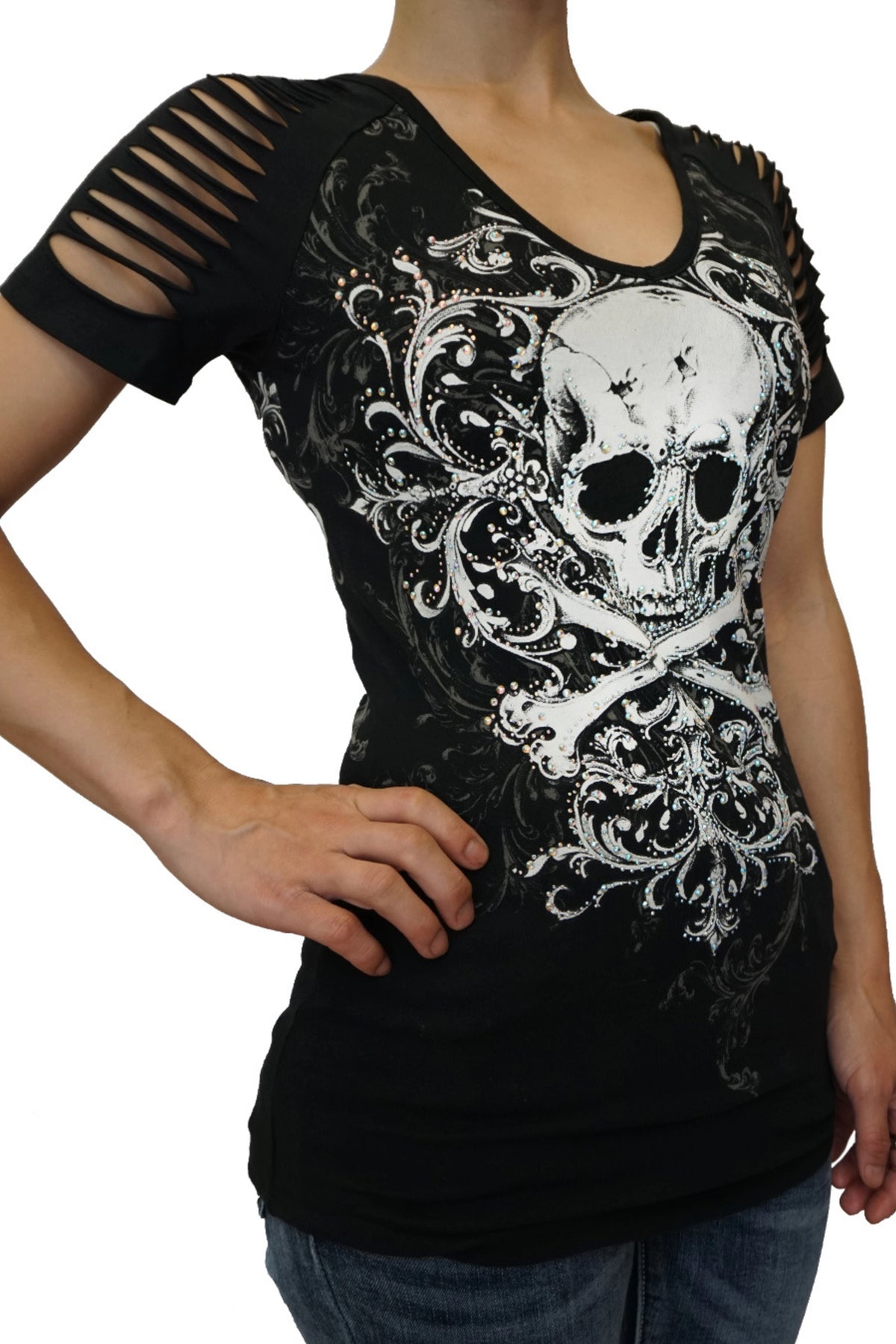 Women's Platinum Plush Rhinestone Skull & Crossbones Slashed Sleeve Biker Top