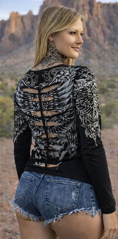 Women's Platinum Plush Rhinestone Rebel Wing Cutout Biker Top