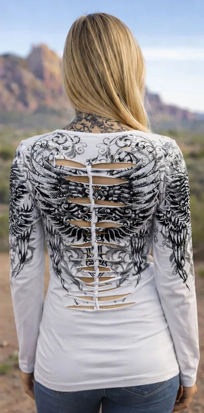Women's Platinum Plush Rhinestone Rebel Wing Cutout Biker Top