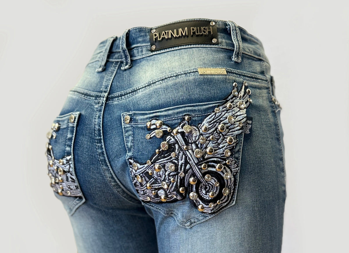 Women's Platinum Plush Chrome Rider Embroidered Bootcut Jeans NEW!!!