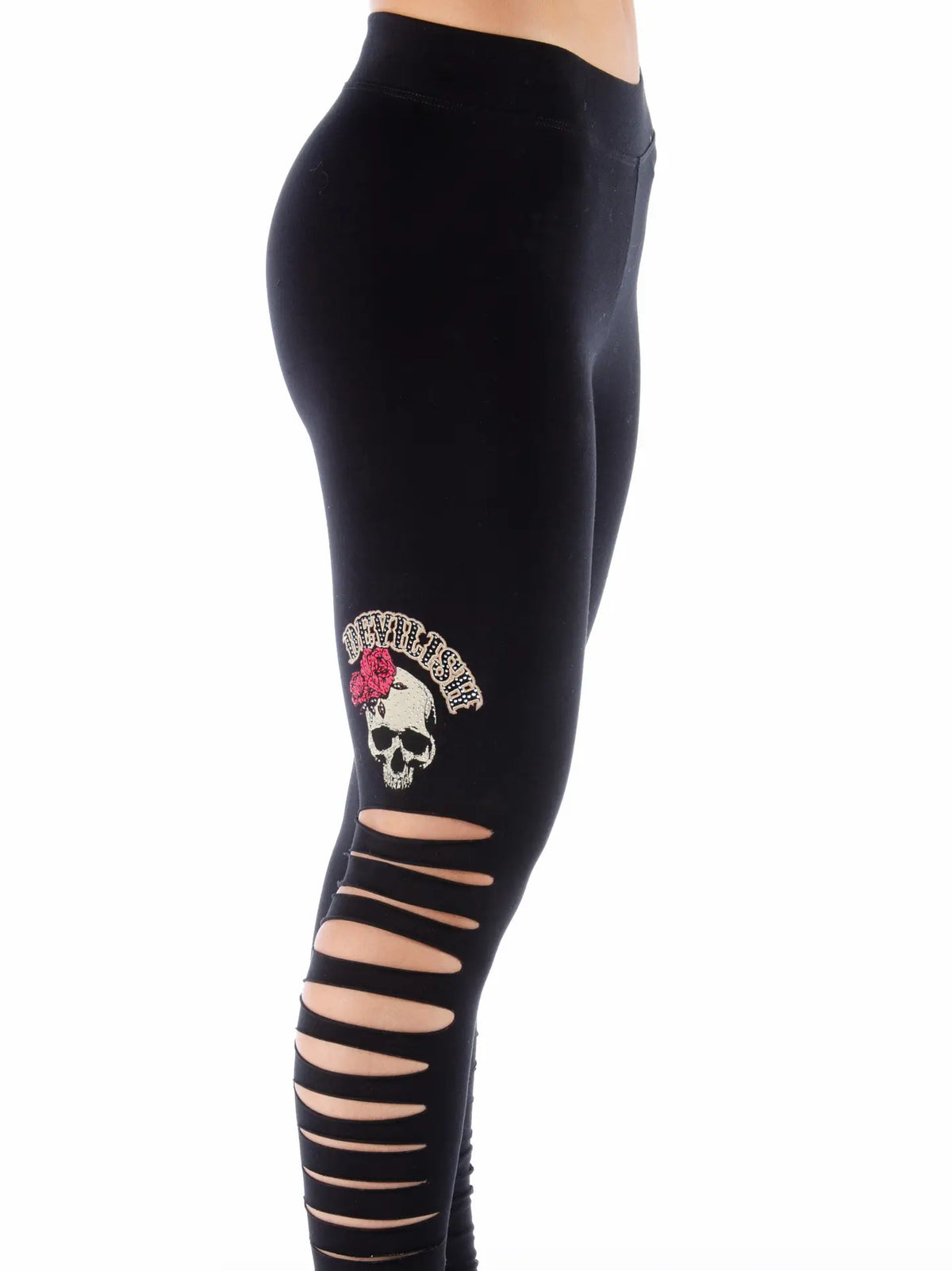 Liberty Wear Devilish Skull & Rose Slashed Leggings | 5106