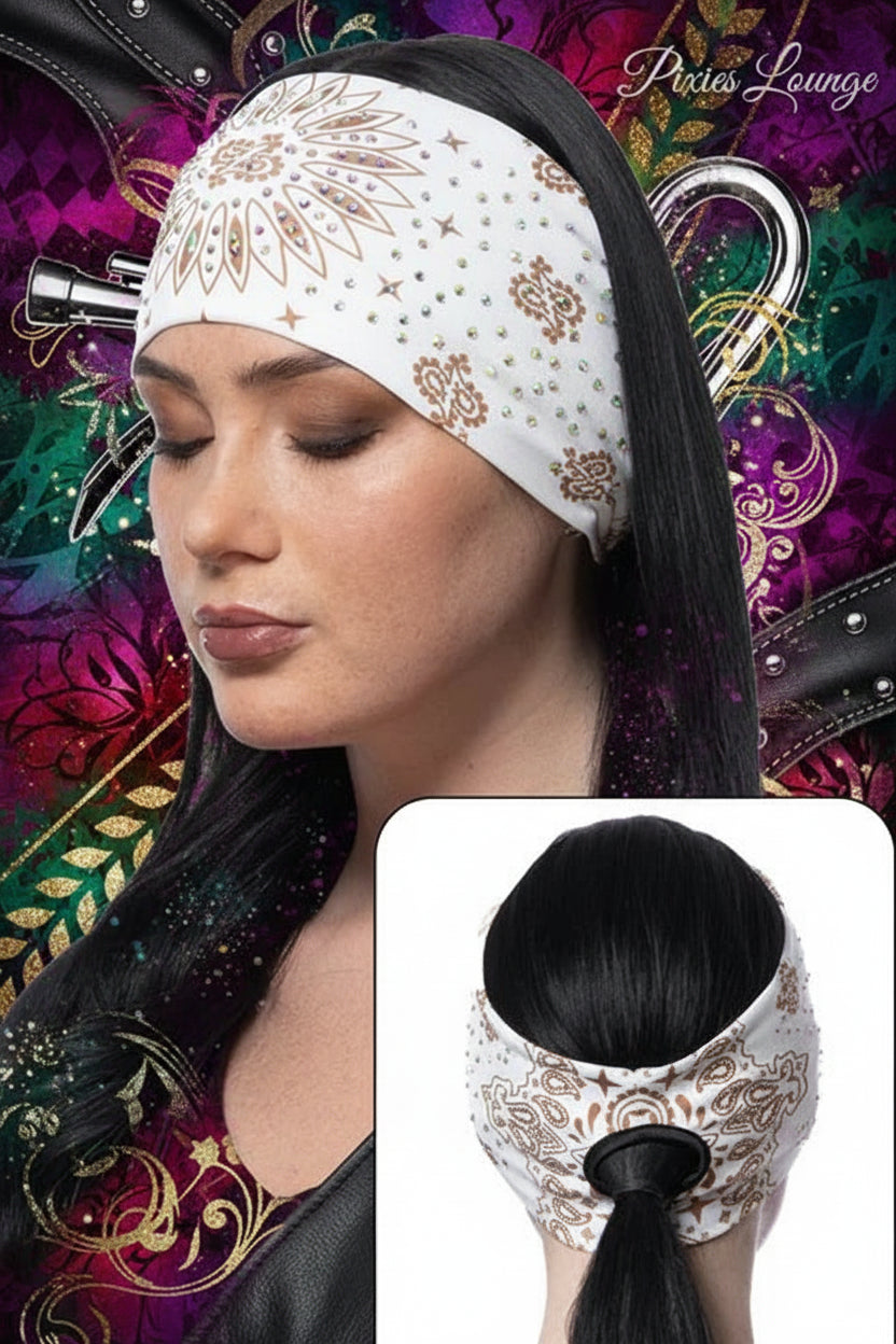 Cloud Dancer & Toffee Paisley w/Gems Ponytail EZ Bandz