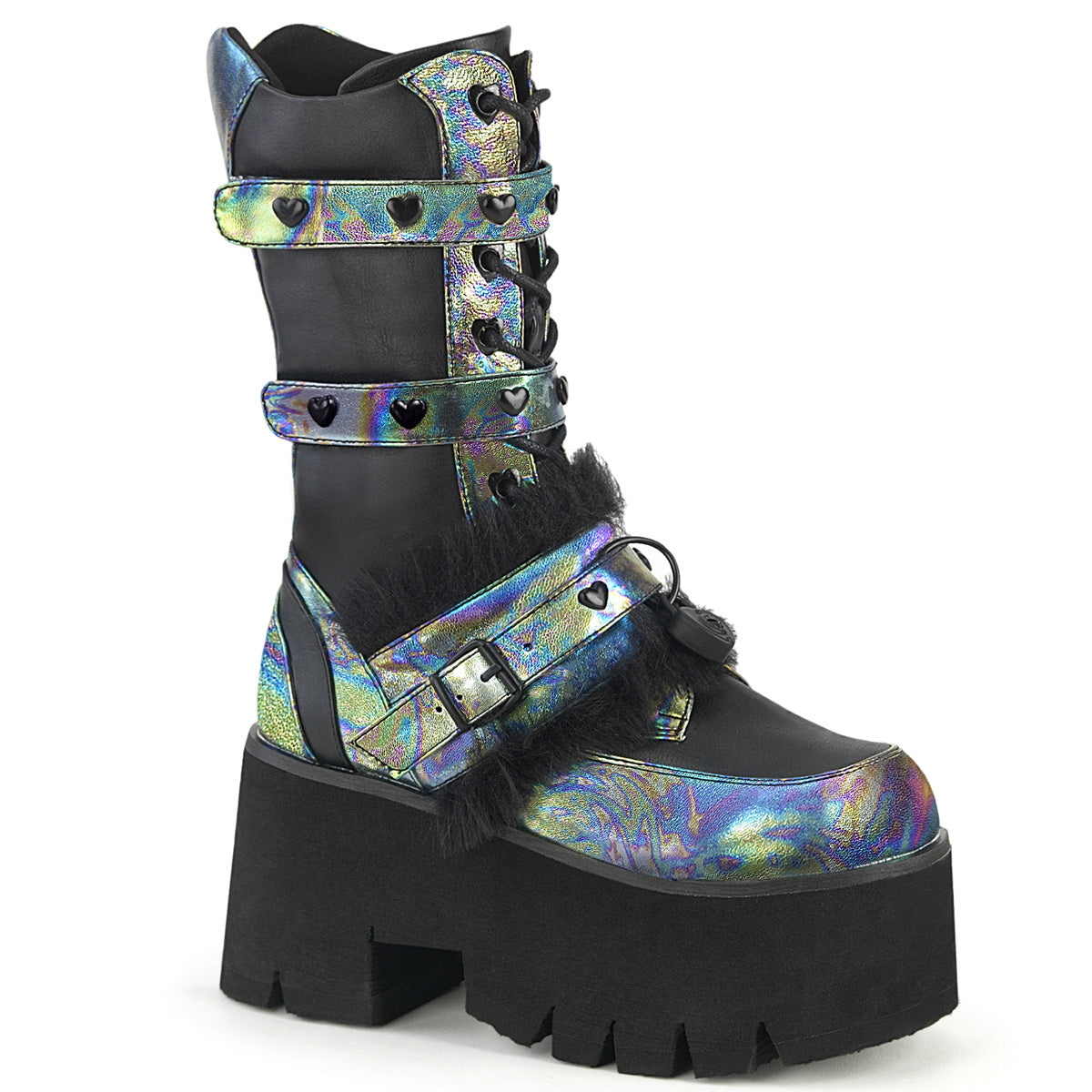 Demonia Ashes-120 | Heart Buckle Mid-Calf Platform Boots | Black Green Multi-Oil
