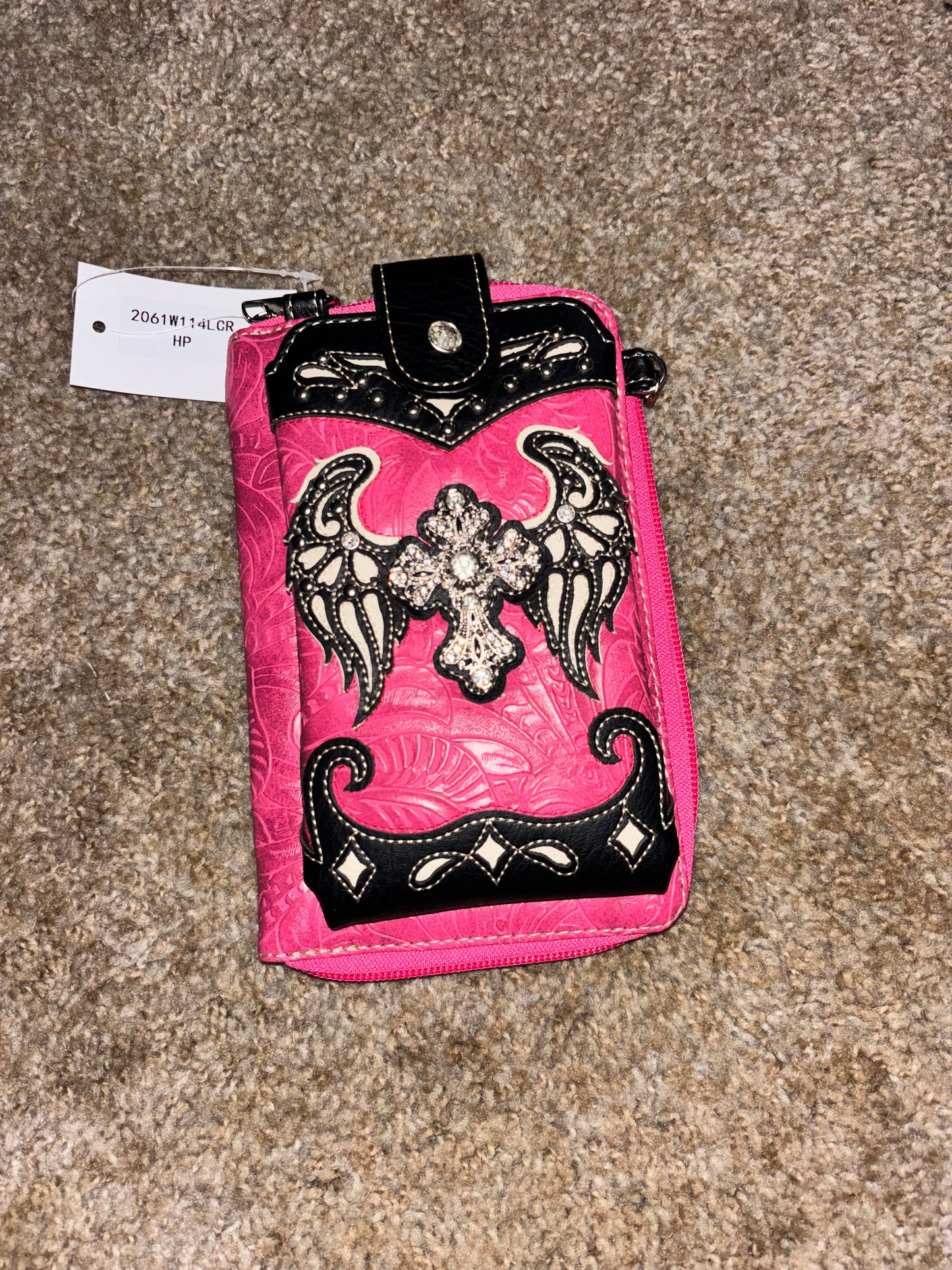 Angel Wings Rhinestone Cross Phone Wallet Crossbody | Western Biker Organizer