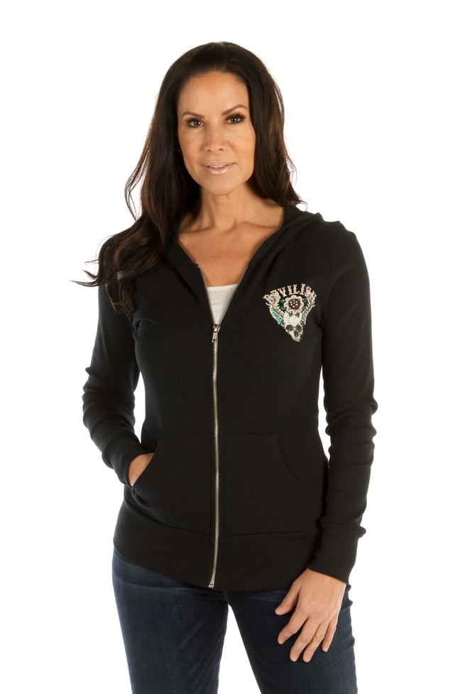 Liberty Wear Devilish Rhinestone Skull & Angel Wings Hoodie | 8082
