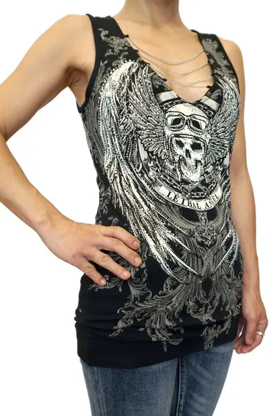 Platinum Plush Chained Lethal Angel Rhinestone Tank Top