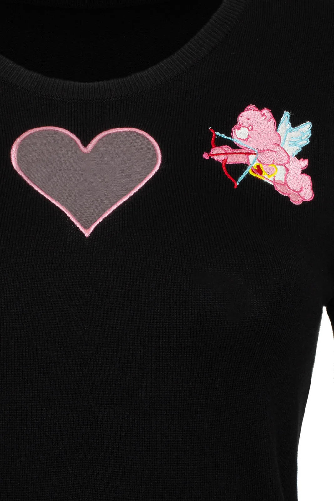 Love-A-Lot Bear Heart Cutout Knit Top – Care Bears x Hell Bunny Black Embroidered Tee