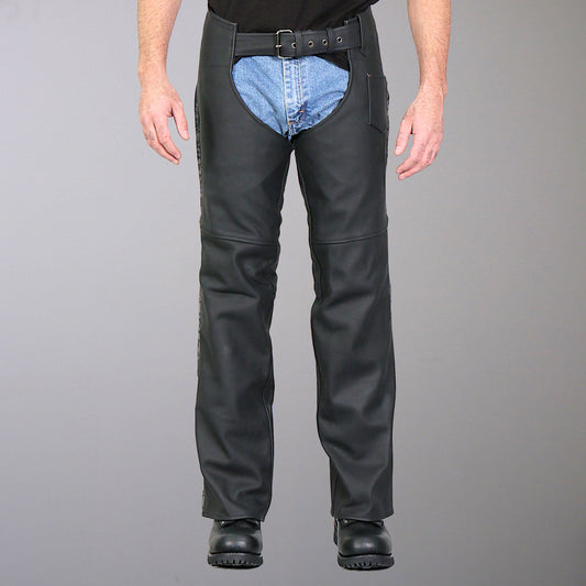 Hot Leathers CHM2001 Men's Matte Black motorcycle Leather Biker Chaps with Ancient Skull Reflective Artwork