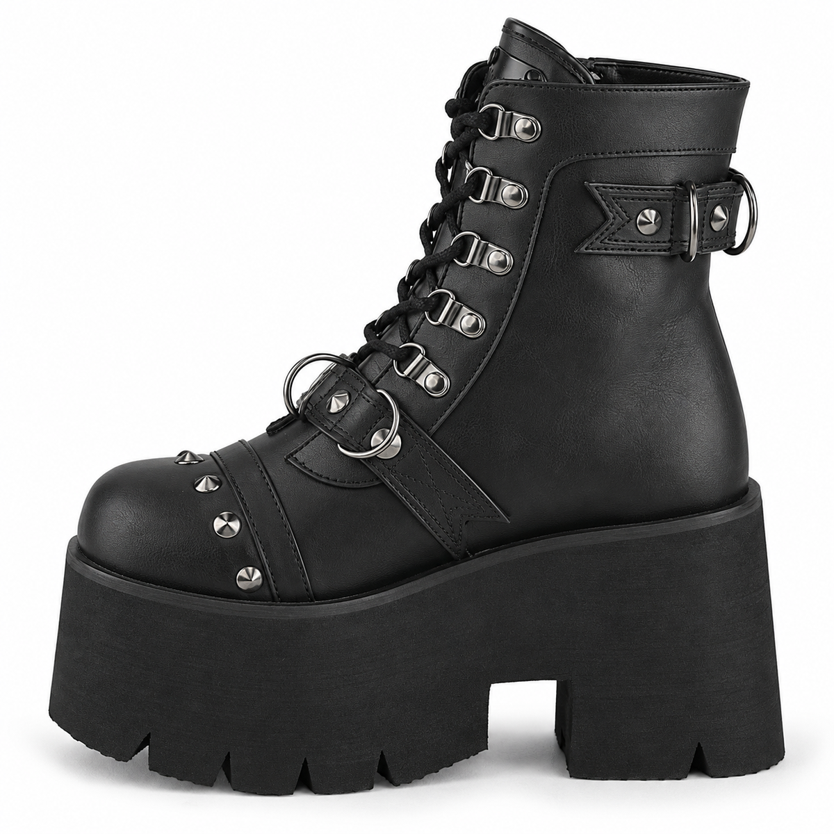 Demonia Ashes-52 | Skull & Chain Platform Combat Boots | Black