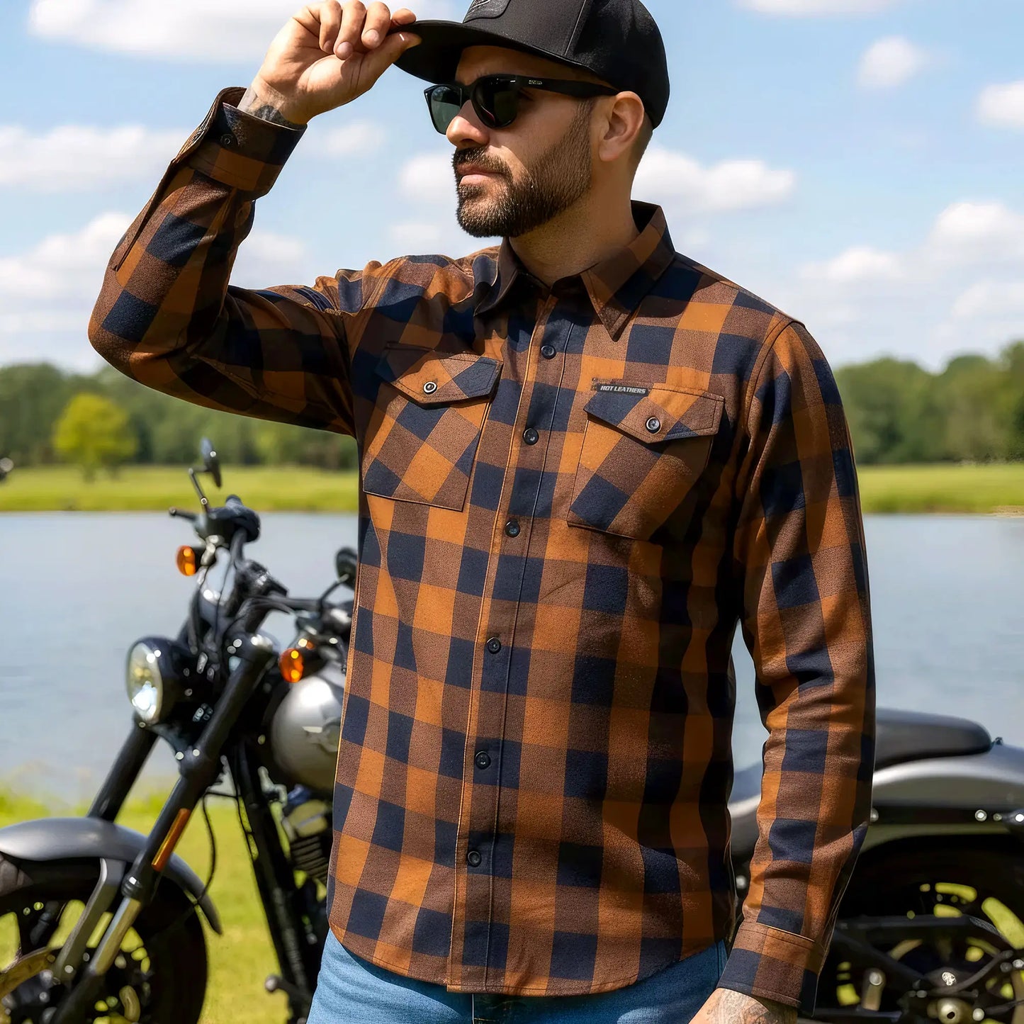Hot Leathers Men's 'Long Haul' Navy/Brown Cotton Flannel Shirt - Button Front - Riding/Casual/ Work Wear - FLM2016