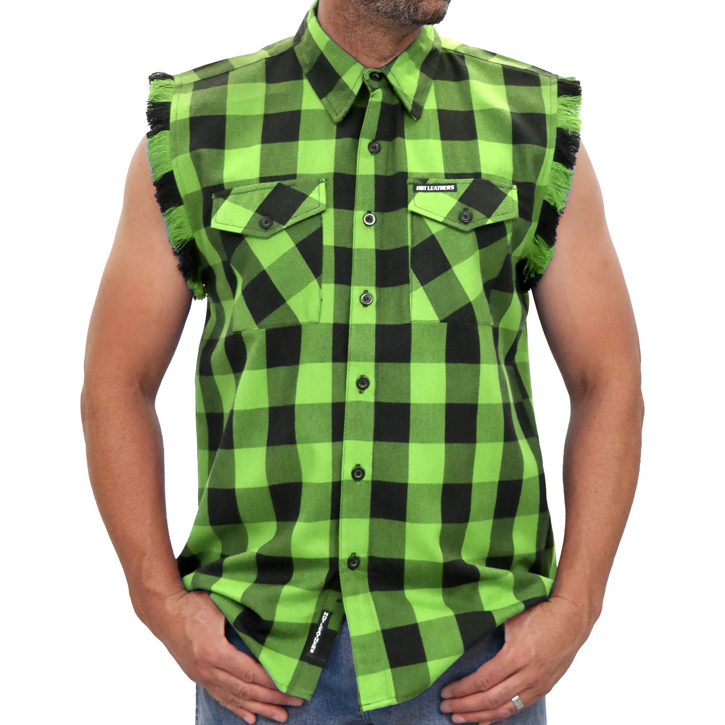 Hot Leathers Men's 'Shredder' Black/Green Cotton Flannel Shirt - Button Front - Riding/Casual/ Work Wear - GMS3492
