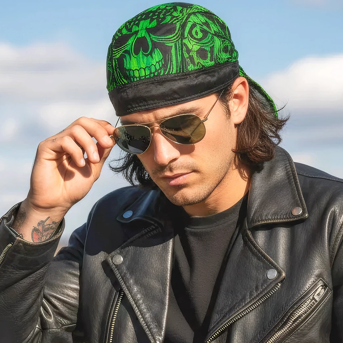 Hot Leathers Over the Top Skulls Green Lightweight Headwrap HWH1114