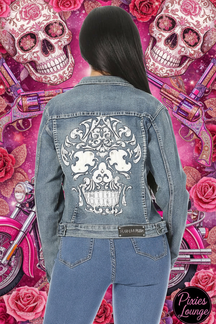 Women's Platinum Plush Sugar Skull Back Graphic Denim Jacket
