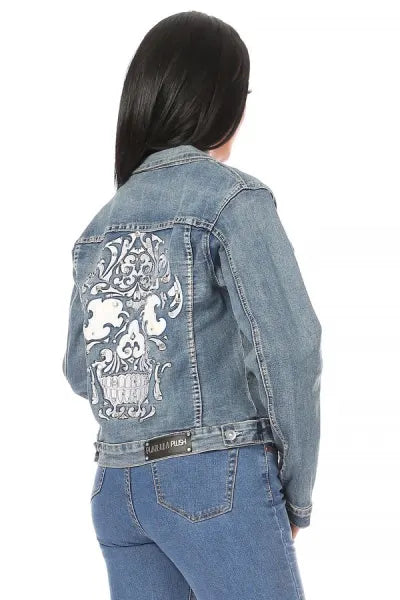 Women's Platinum Plush Sugar Skull Back Graphic Denim Jacket