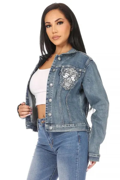Women's Platinum Plush Sugar Skull Back Graphic Denim Jacket