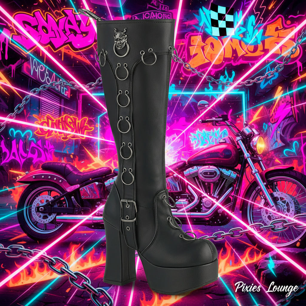 Demonia DoorKnocker Charade-211 Knee High Boots