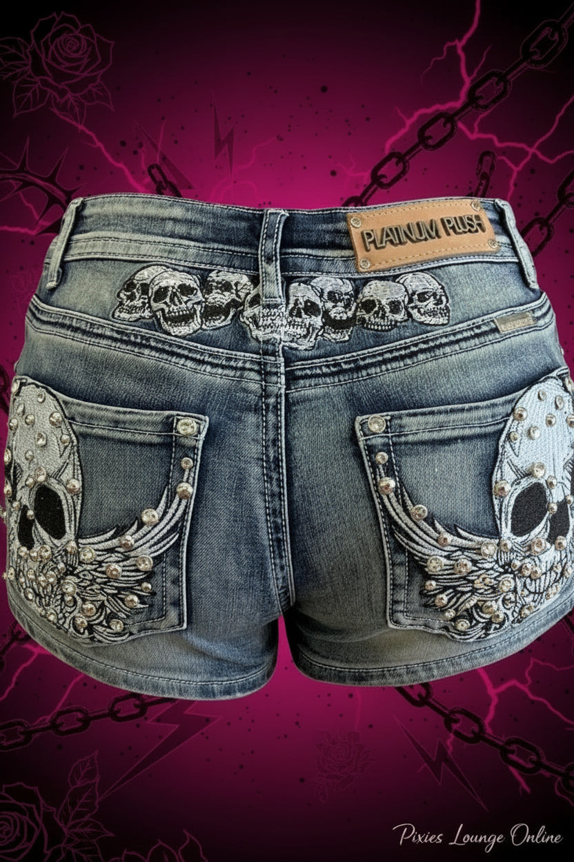 Women's Platinum Plush Tribe Of Skulls Rhinestone Embellished Shorts