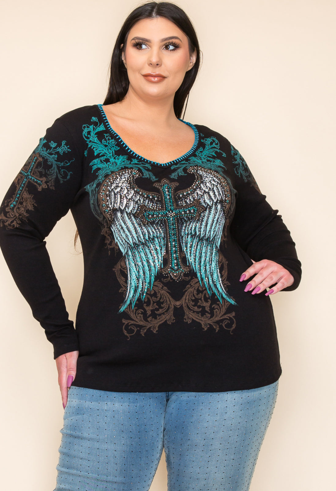 Vocal Angel and Cross Long Sleeve Contrast Top