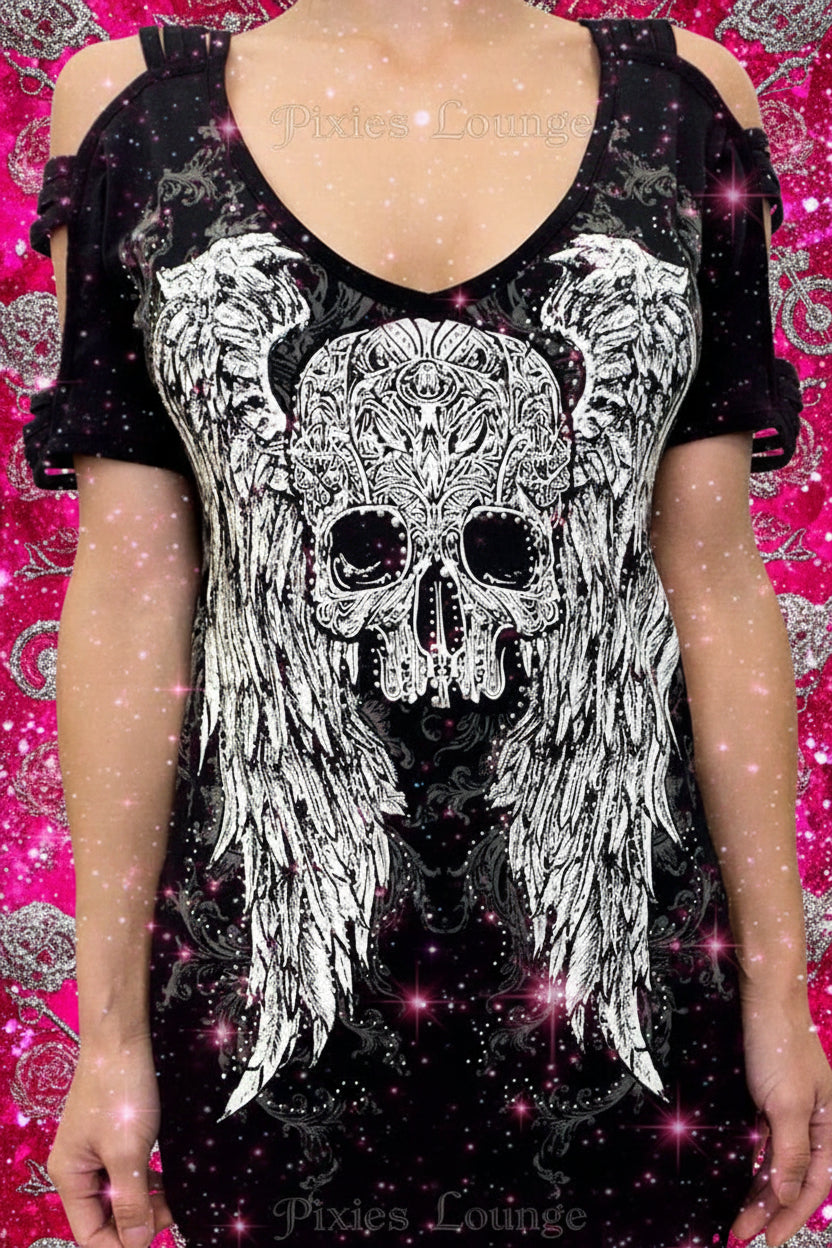 Women's Platinum Plush Watching Over Me Skull Cold Shoulder Top