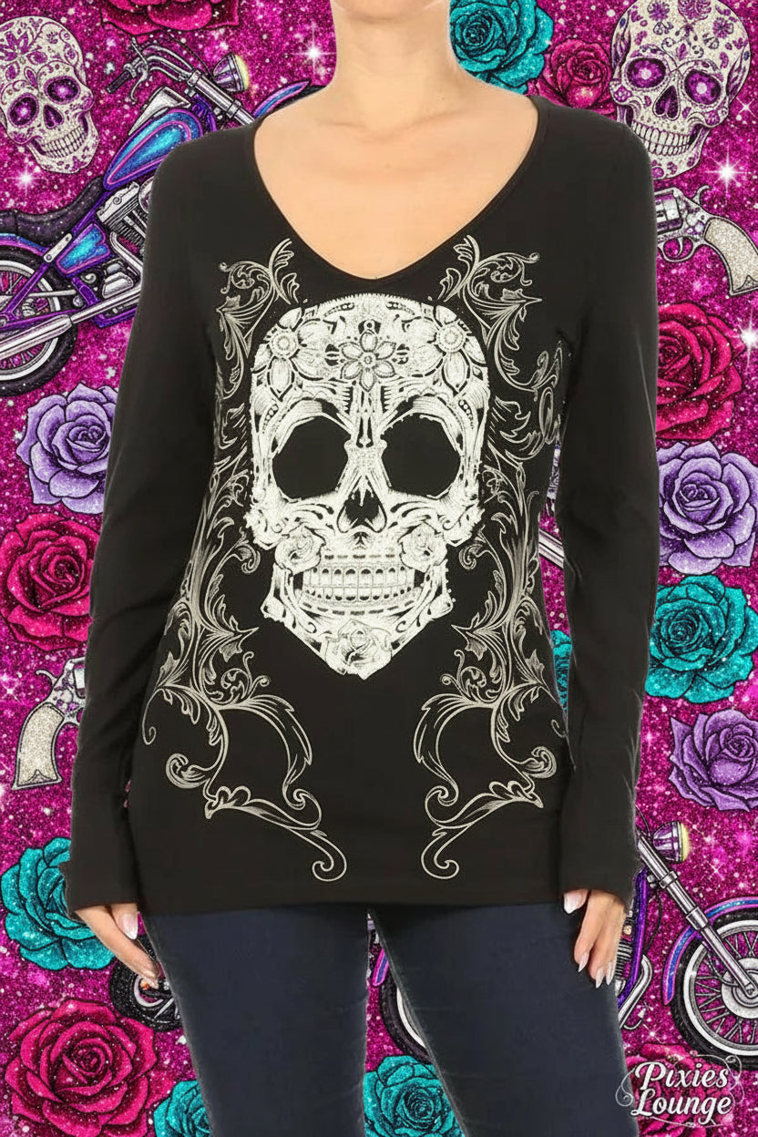 Women's Platinum Plush Candy Skull Cut Out Rhinestone Top