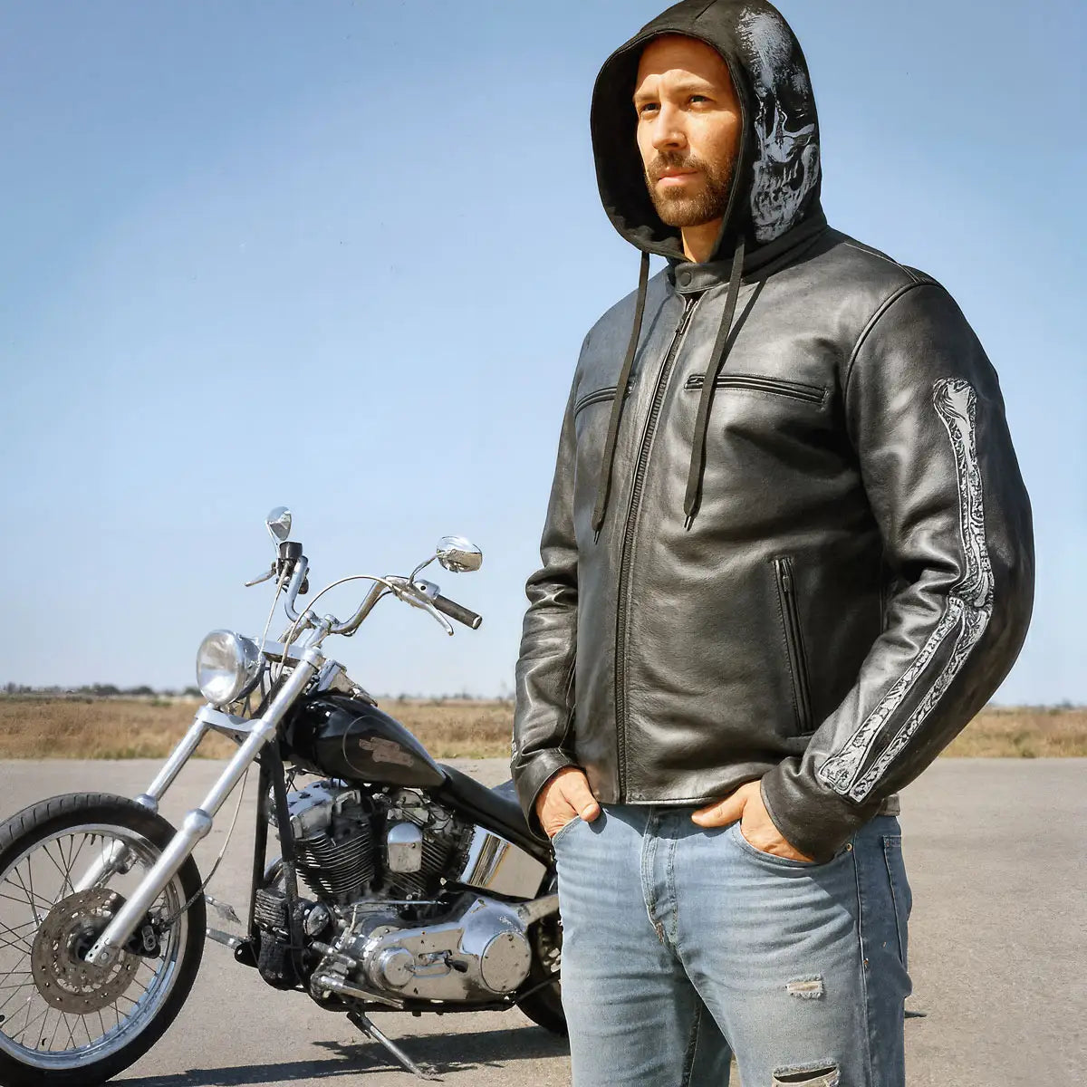 Hot Leathers JKM1031 Men’s Biker ‘Skull and Bones’ Leather Motorcycle Jacket with Flannel Lining