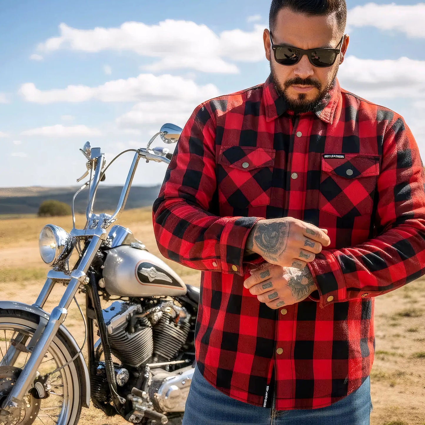 Hot Leathers Men's 'Black Venom' Red Cotton Flannel Shirt - Button Front - Riding Protective Wear - JKM3003