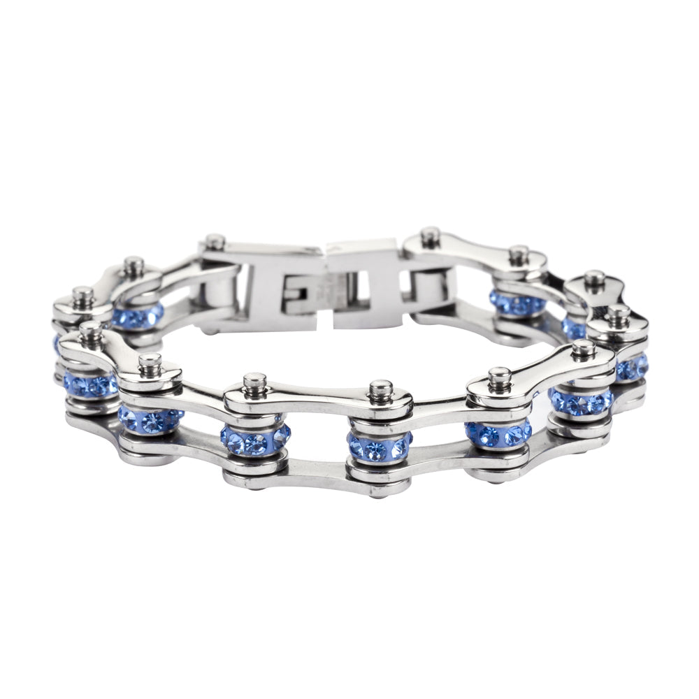 SK1205 Wide All Stainless With Blue Crystal Centers