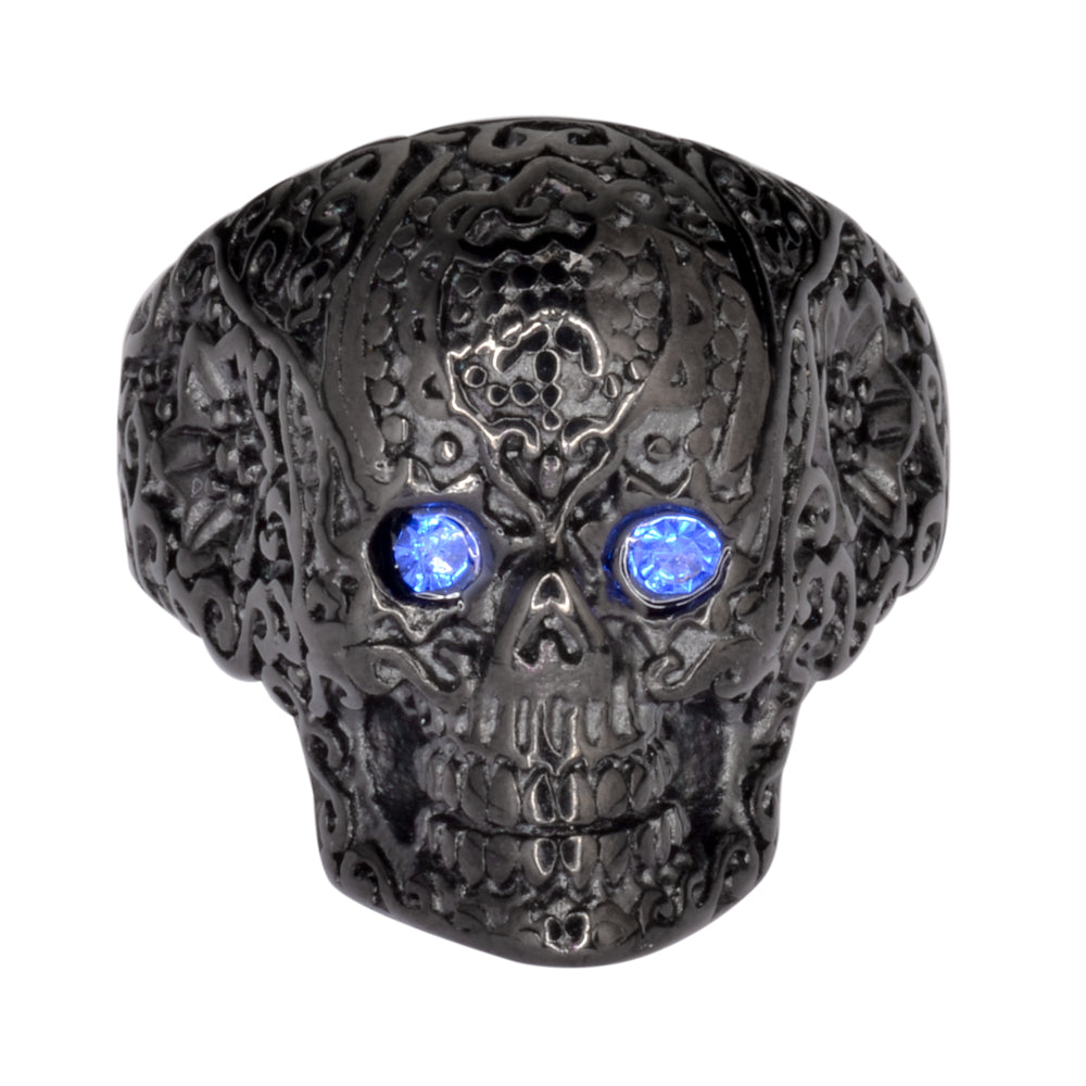 SK1736 Ladies Blue Eyed Tribal Tattoo Skull Ring Black Edition Stainless Steel Size 6-10