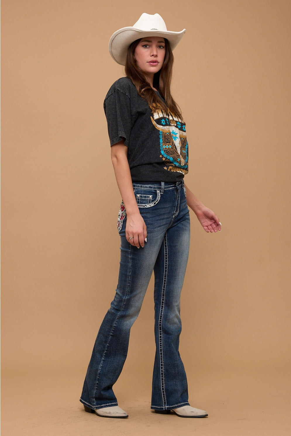 Rose Rebel Skull Rhinestone Bootcut Jeans
