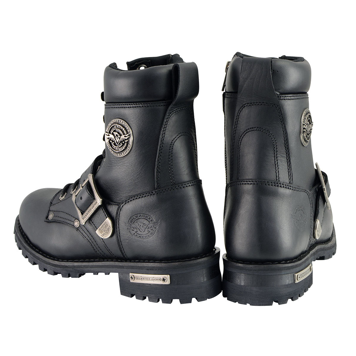 Milwaukee Leather Men's Black Leather Lace-Up Engineer Motorcycle Boots w/ Buckles and Side Zipper MBM101