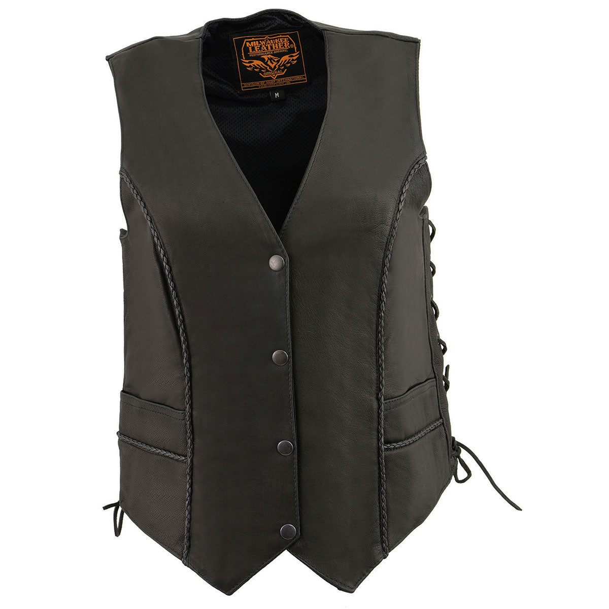 Milwaukee Leather MLL4560 Women's Black Premium Leather Classic Braided Side Lace Deep V-Neck Motorcycle Rider Vest