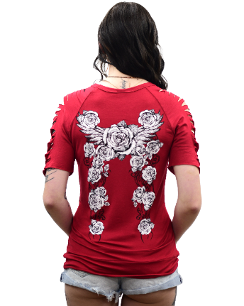 Liberty Wear Red Rhinestone Angel Wing Rose Top – Cutout Slit Sleeve Biker Glam