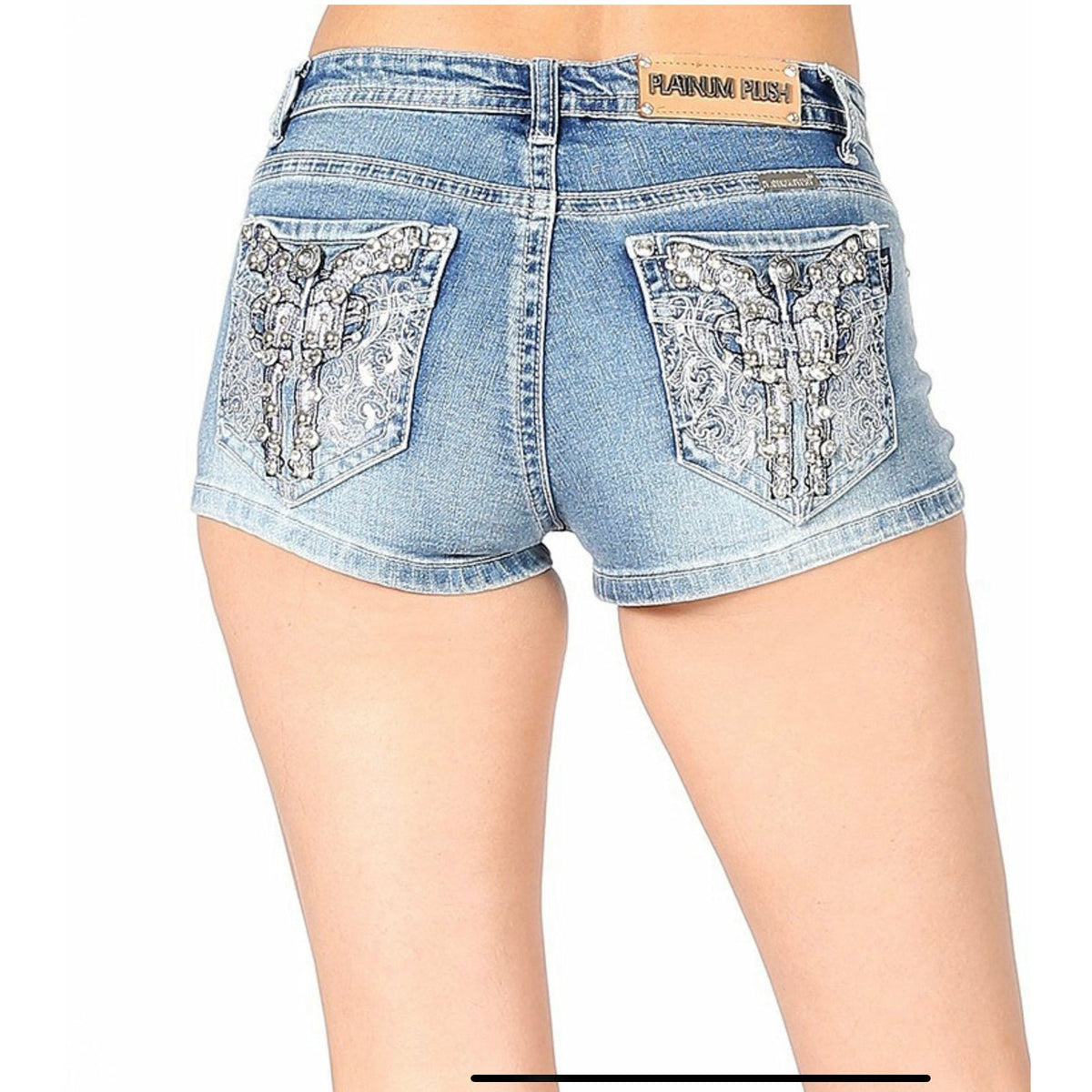 Women's Platinum Plush Baroque Pistol Short Rhinestone Embellished Denim Shorts