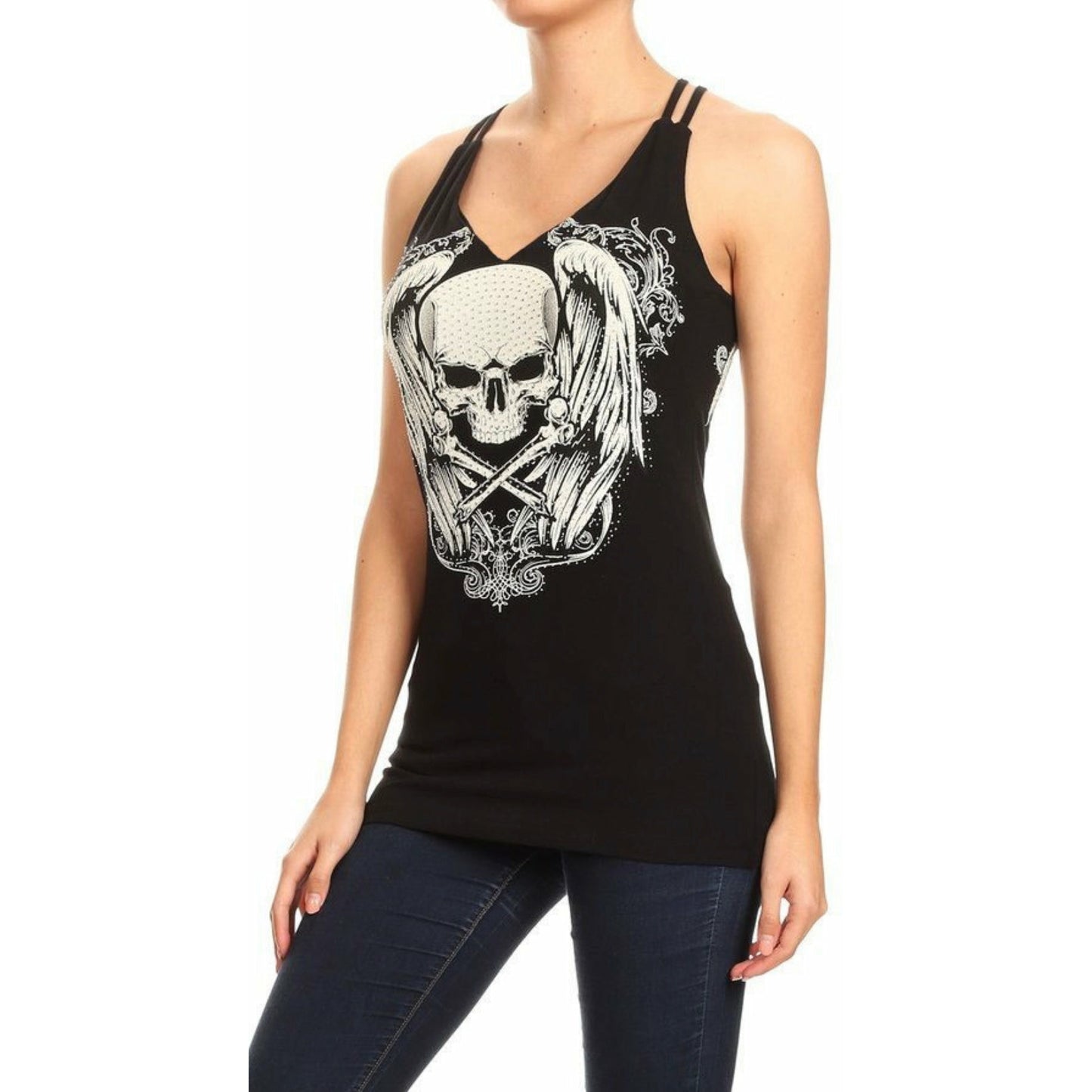 Women's Platinum Plush Skulls & Bones Rhinestone VNeck Strappy Tank