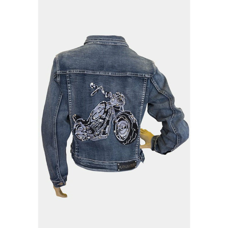 Women's Platinum Plush Sugar Skull Back Graphic Denim Jacket