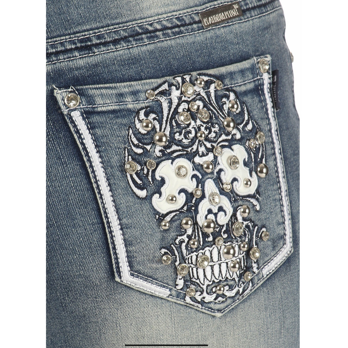 Women's Platinum Plush Candy Sugar Skull Rhinestone Embellished Jeans