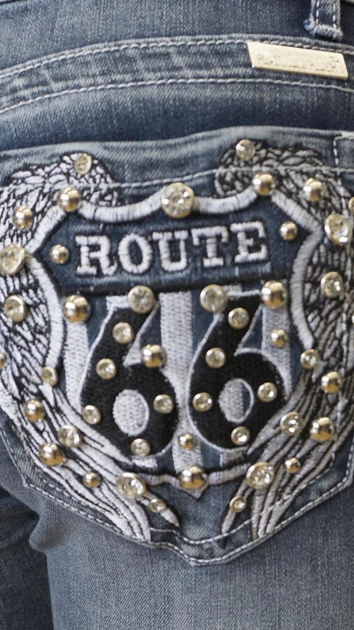 Women's Platinum Plush Route 66 American Rhinestone Embellished Jeans