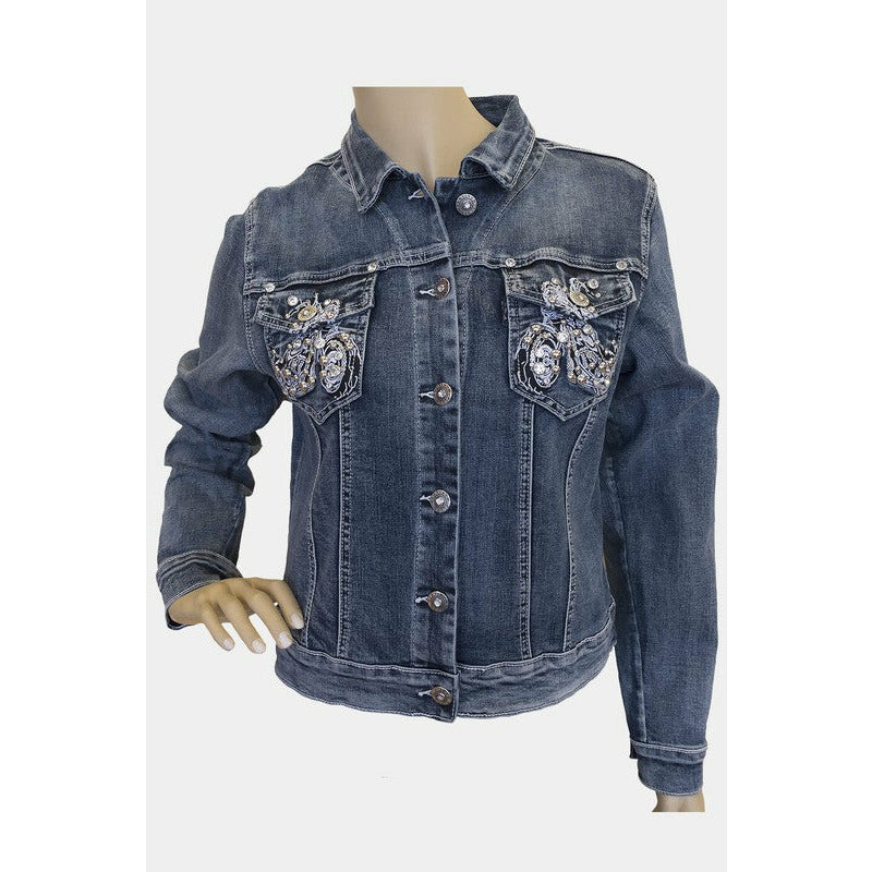 Women's Platinum Plush Sugar Skull Back Graphic Denim Jacket