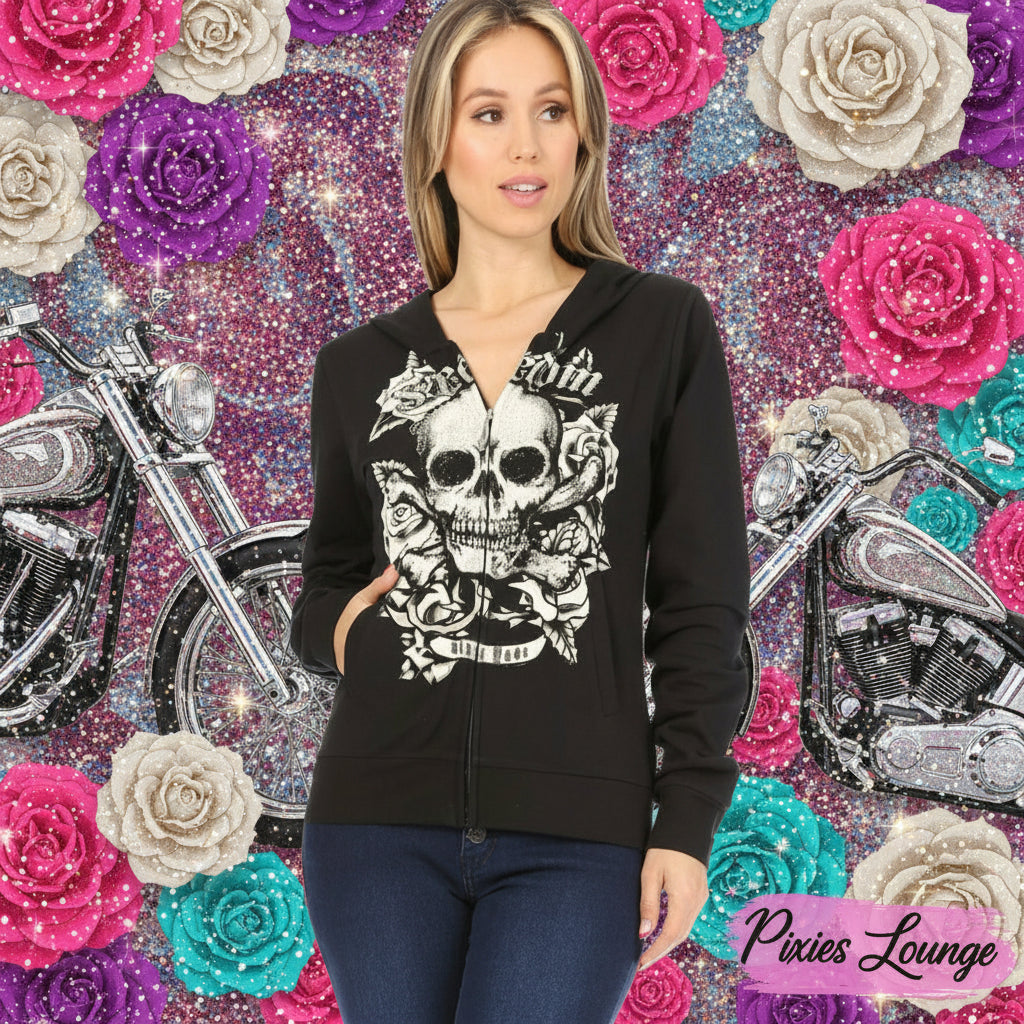 Women's Platinum Plush Freedom Skull Rhinestone Hoodie
