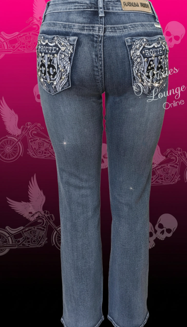 Women's Platinum Plush Route 66 American Rhinestone Embellished Jeans