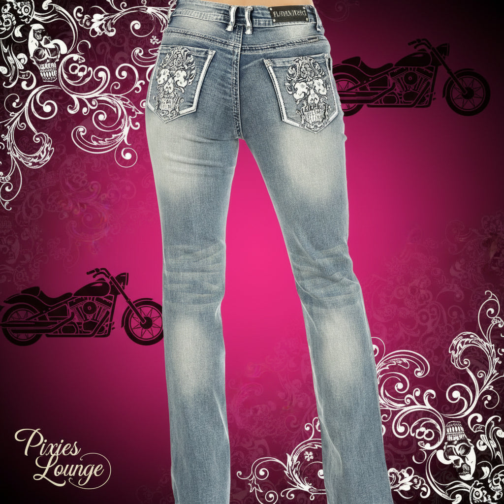 Women's Platinum Plush Candy Sugar Skull Rhinestone Embellished Jeans